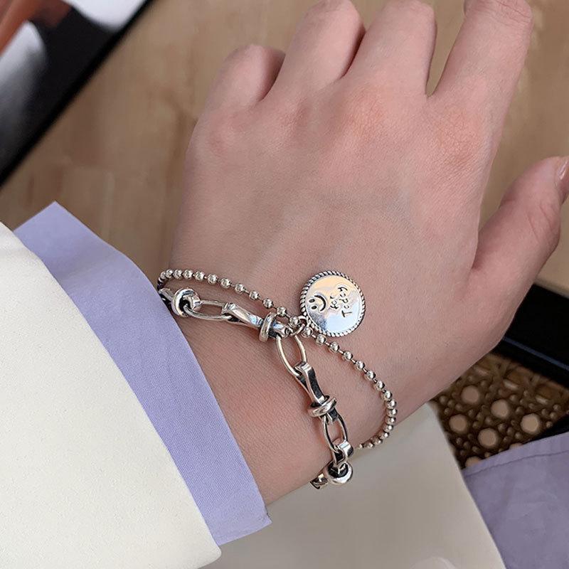 Double-layered Chain Bracelet For Women Smiley Face Round Cards Pendant Party Jewelry