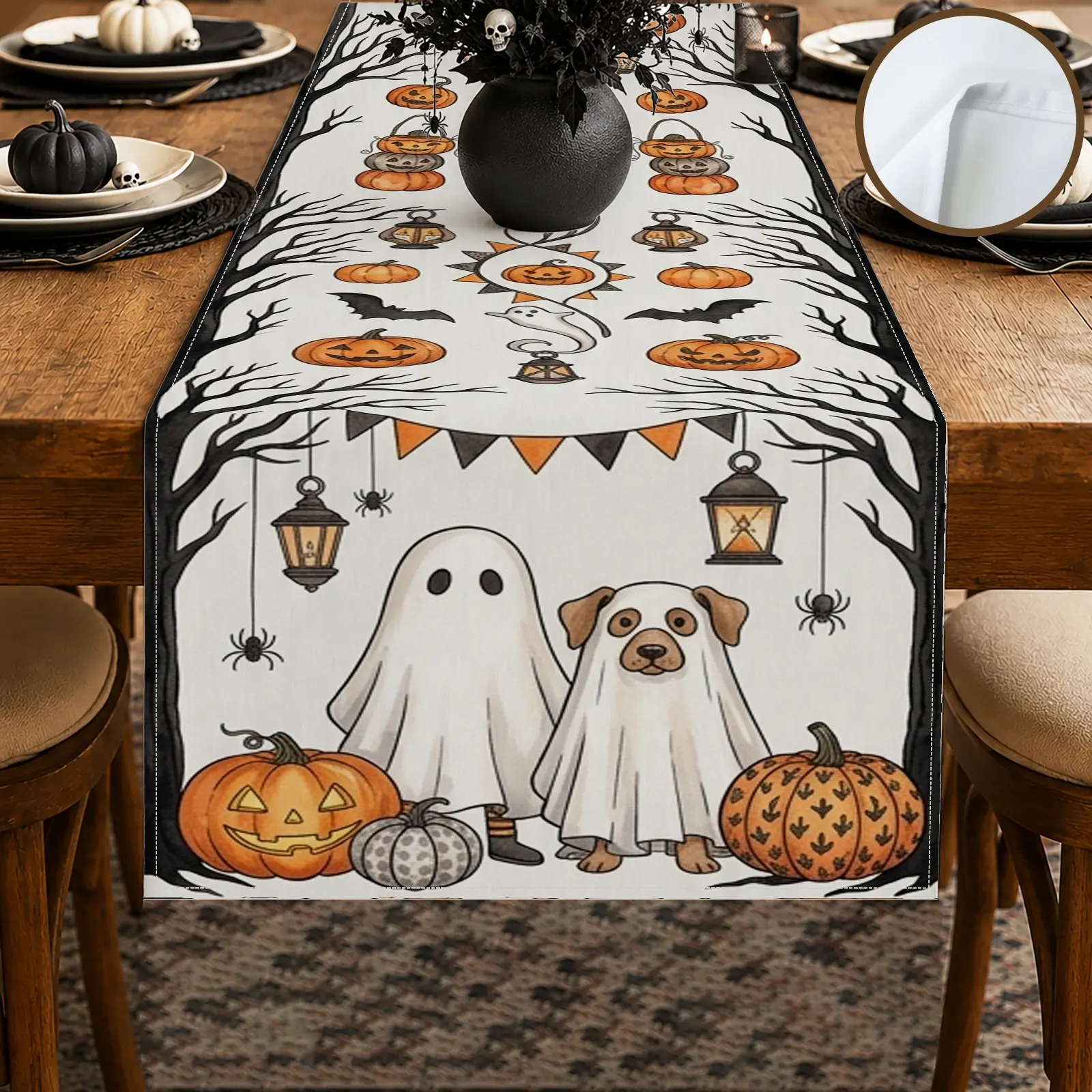 1pc Ghost Pumpkin Bat Table Runner, Halloween Style, Whimsical Seasonal Graphic Print, for Dining Table Halloween Party Home Decor Seasonal Table Decor