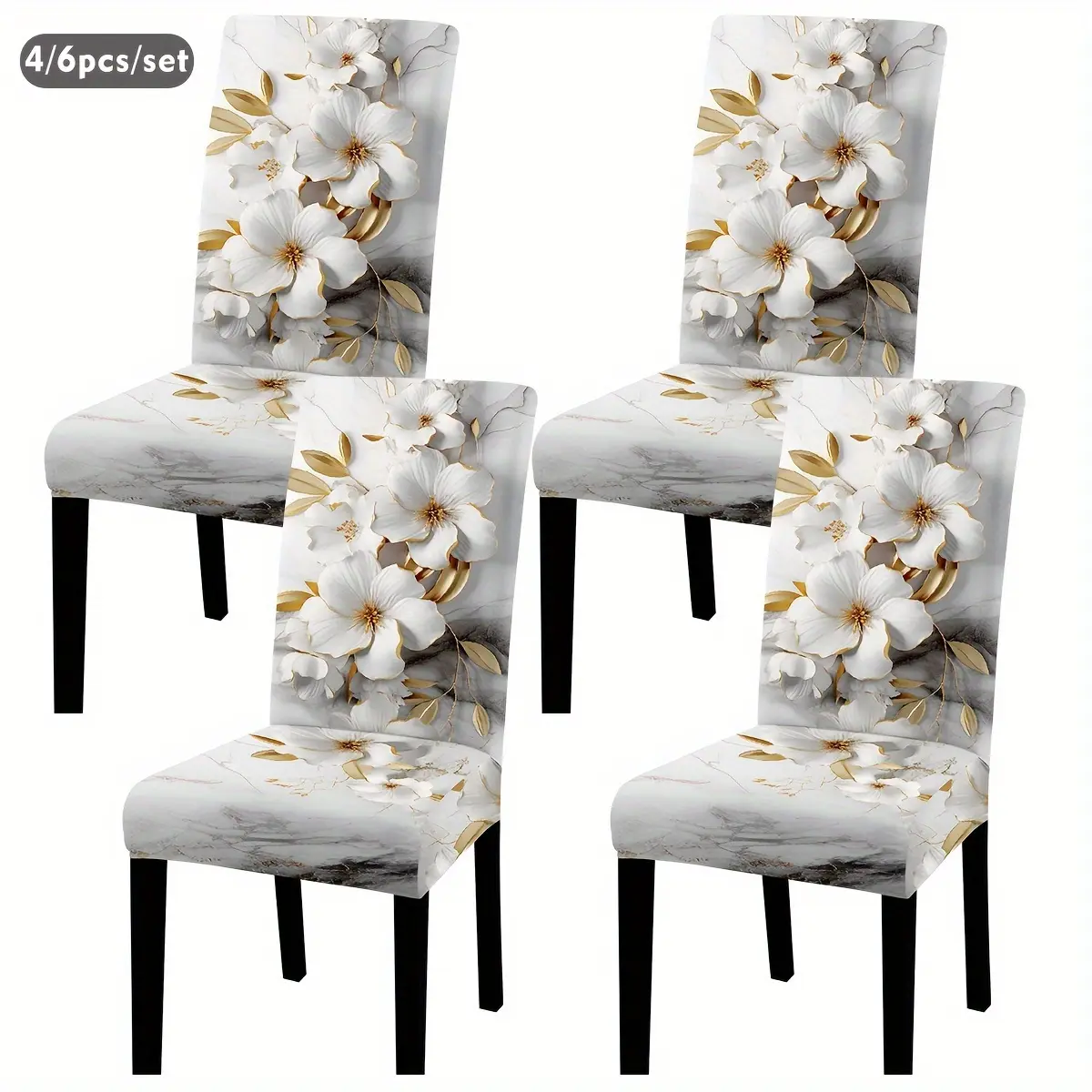4/6pcs Classic Marble Pattern Gold Milk Fiber Fabric Floral Chair Cover Set, Removable Washable Elastic Seat Protection Cover for Restaurant, Kitchen, Banquet Hall, Office, Living Room, Dormitory, Home Decoration