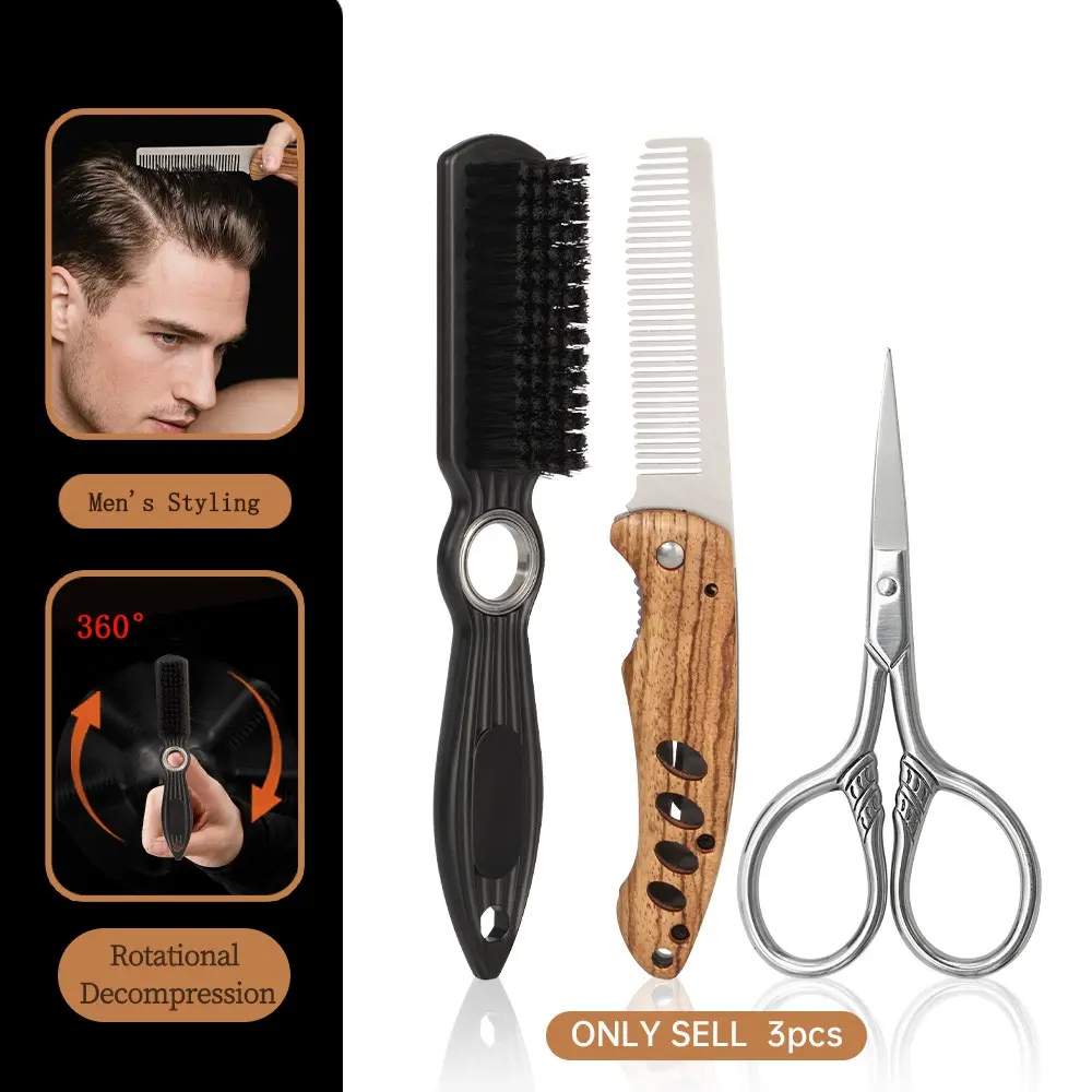 3 Piece Men's Barber Grooming Set, 360° Rotating Beard Brush, Wooden Handle Stainless Steel Folding Beard Comb, Travel Hair Styling Kit, Barber Use Tools