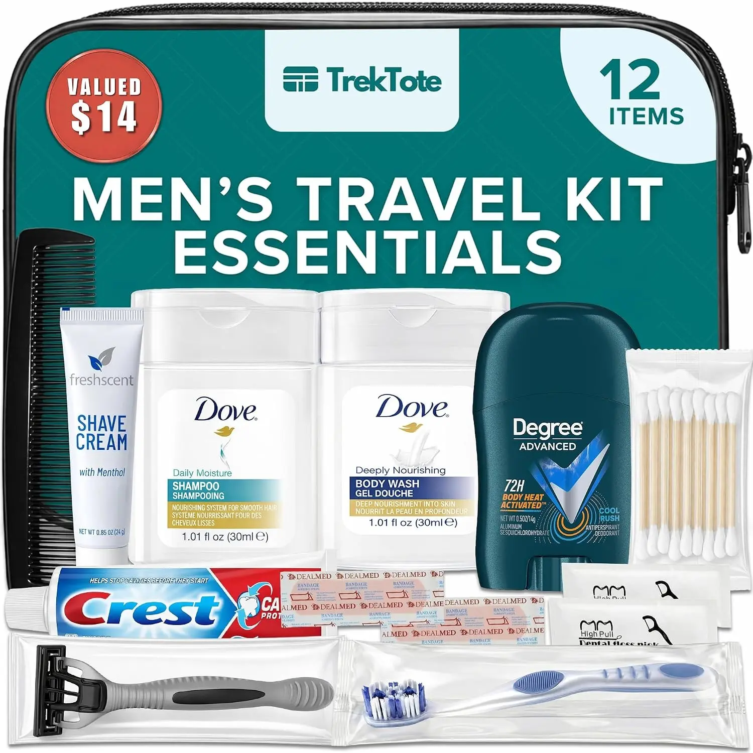 Men's Travel Toiletry Kit – 12 Piece TSA Approved Travel Size Set with Clear Bag, Premium Shampoo, Conditioner, Body Wash, Shaving Cream & Deodorant, Ideal for Trips, Gym, BusinessGift
