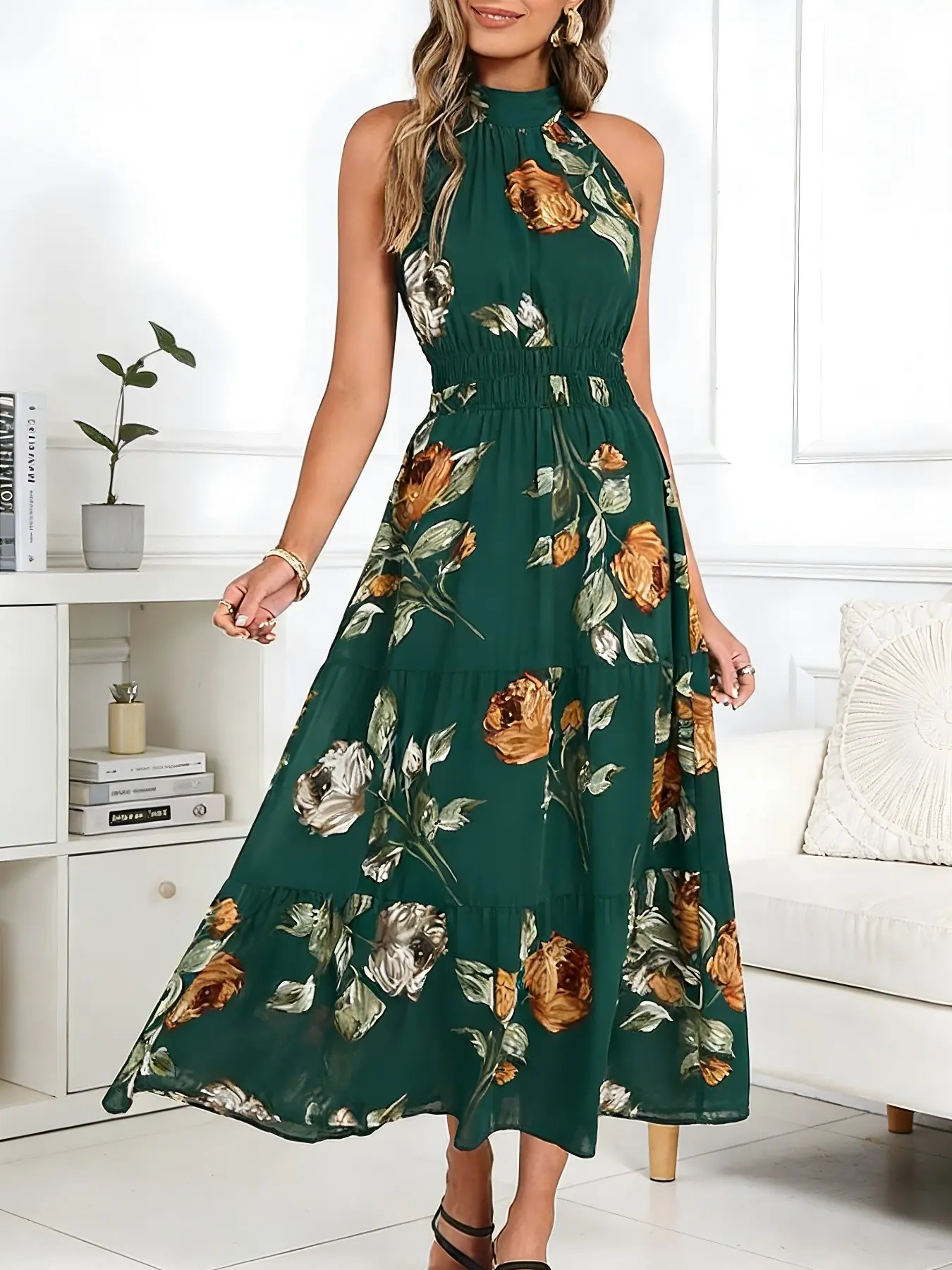 New Summer Women's Halter Sleeveless Boho Floral Printed Maxi Dress, Waist Cinch, Double Layer Back Tie Design, Elegant Chic Fashion for Office, Date, Vacation, Versatile Long Dress, casual boho elegant, Elegance