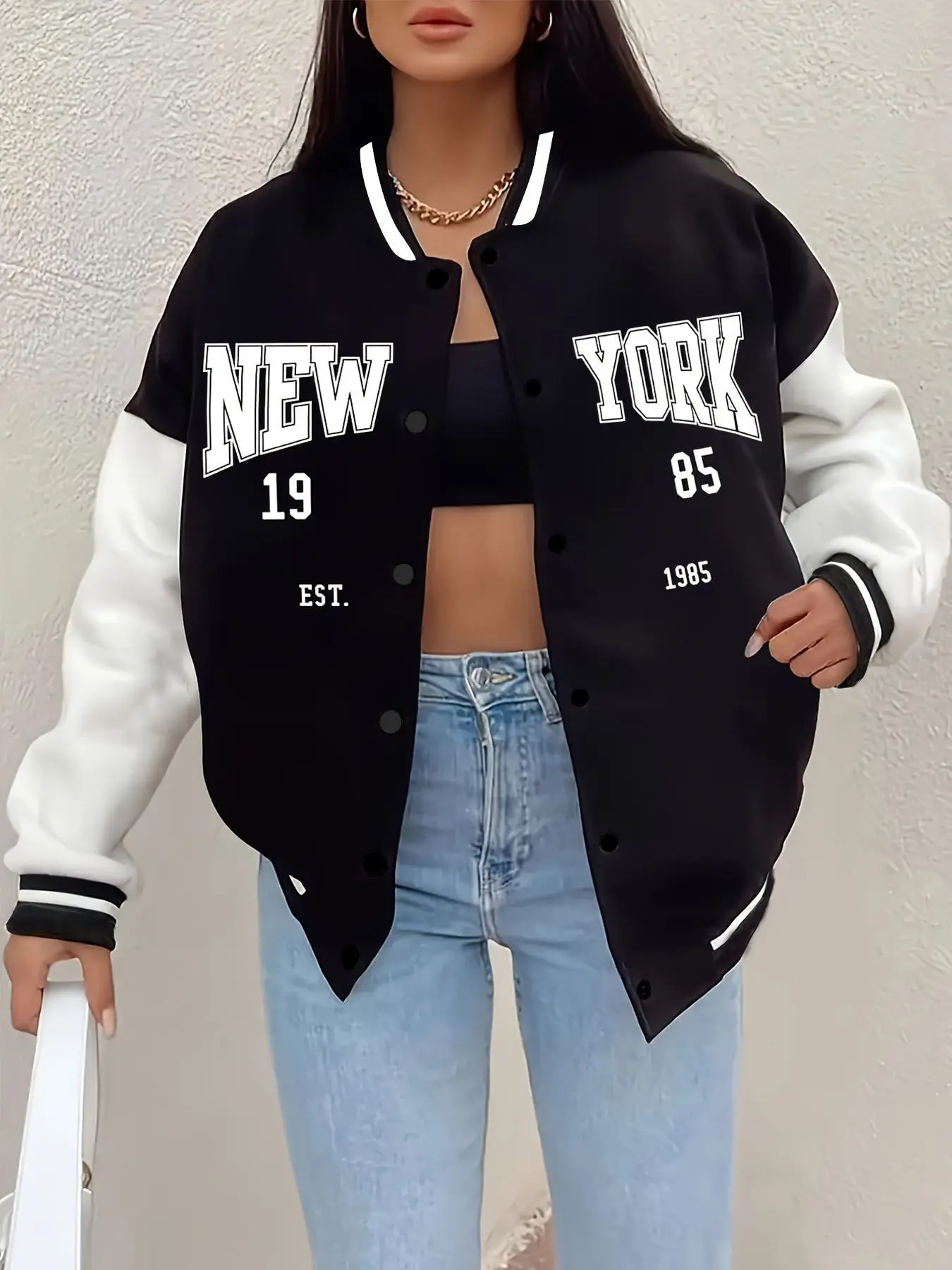 Jacket Women Preppy Black White New York Letter Printed Oversized Varsity Jacket for Ladies Campus Streetwear Daily Wear