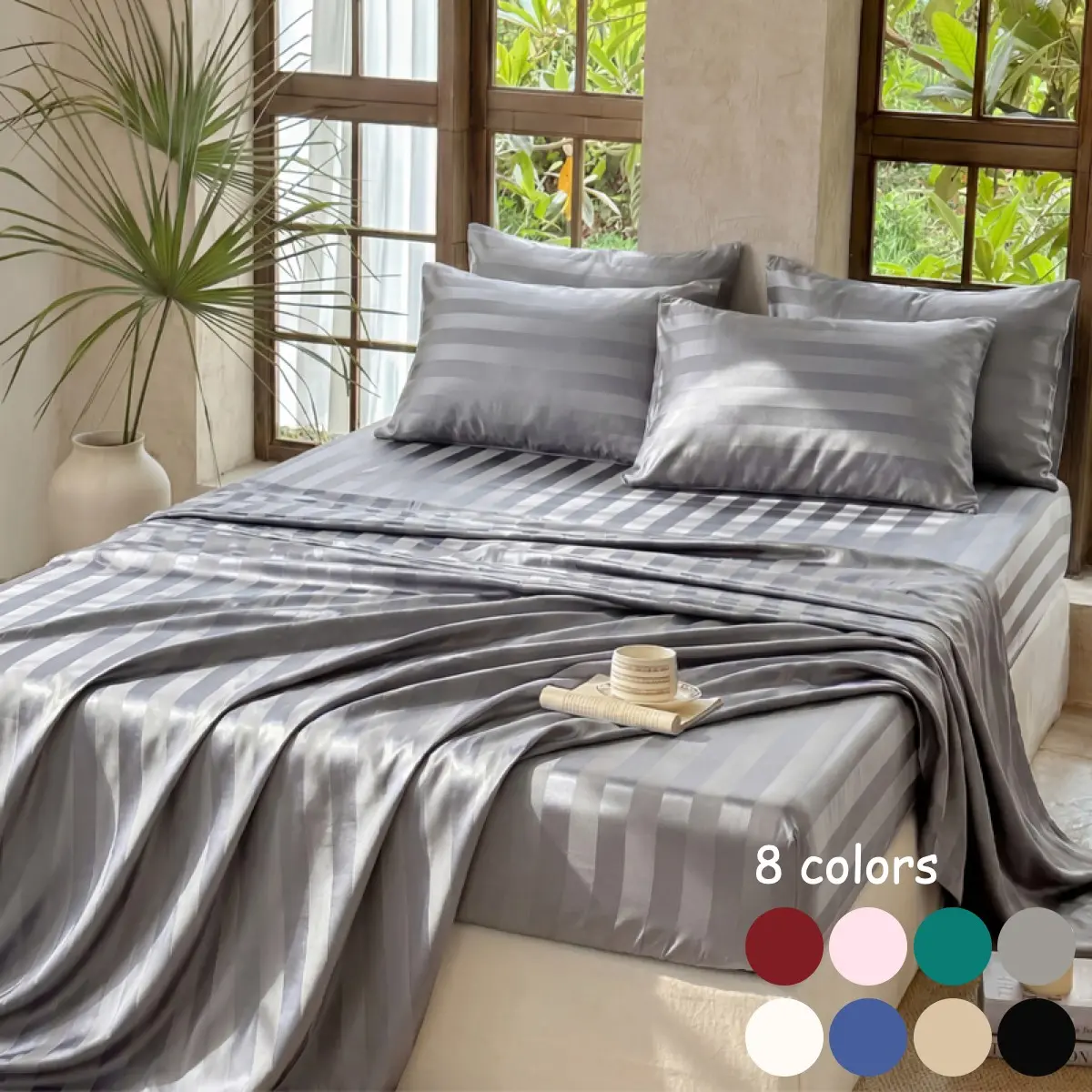 3/4pcs Satin Stripe Cooling Bedding Set, Soft Skin-Friendly Breathable Striped Fitted Sheet, Flat Sheet and 2 Pillowcases, Dustproof Mattress Cover Set for Bedroom, Dorm & Hotel, All-Season Use, Multiple Sizes Available