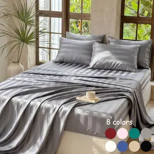 3/4pcs Satin Stripe Cooling Bedding Set, Soft Skin-Friendly Breathable Striped Fitted Sheet, Flat Sheet and 2 Pillowcases, Dustproof Mattress Cover Set for Bedroom, Dorm & Hotel, All-Season Use, Multiple Sizes Available