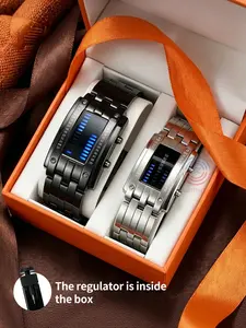 Couple Cool Binary Stainless Steel LED Watch, Bracelet Watch Fashion Blue Light Sports Watch, Vacuum Plated