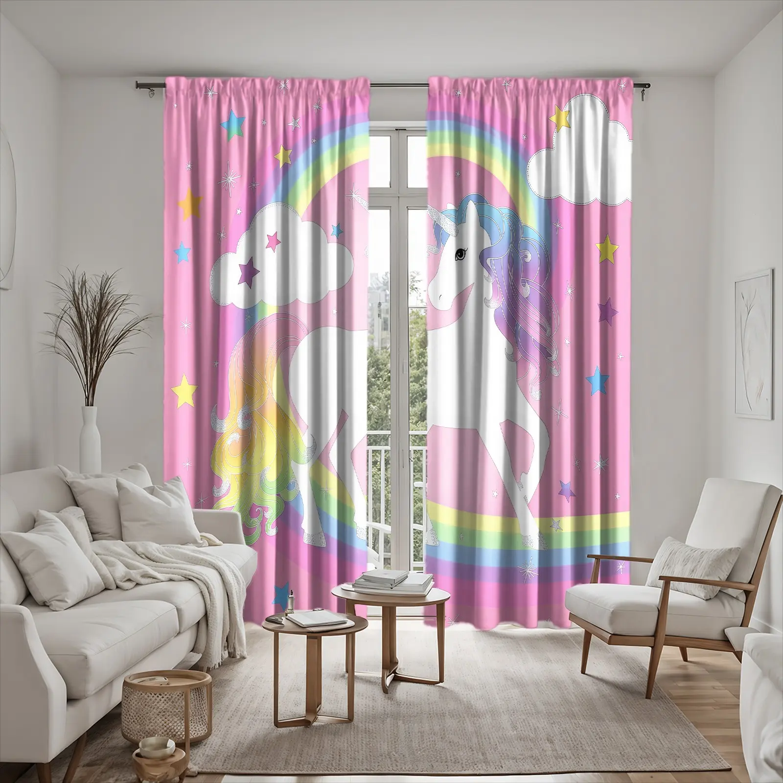Unicorn Pattern Brushed Fabric Curtains, Two-Piece Set, Suitable For Bedroom And Living Room, Seasonal Decorative Semi-Blackout Curtains, Various Sizes Available