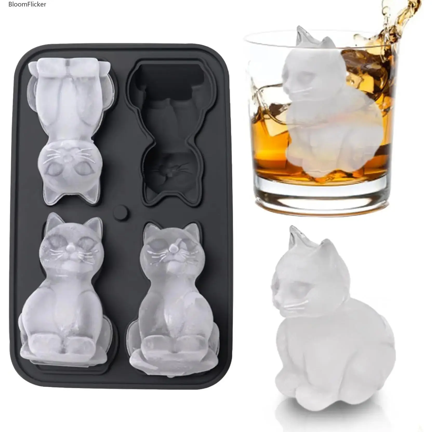 Cat Ice Cube Tray Silicone Large Ice Cube Mold, Fun Shapes Ice Cube Trays for Freezer with Lid, Big Ice Molds for Whiskey Cocktails, Cute Gifts for Cat Lovers