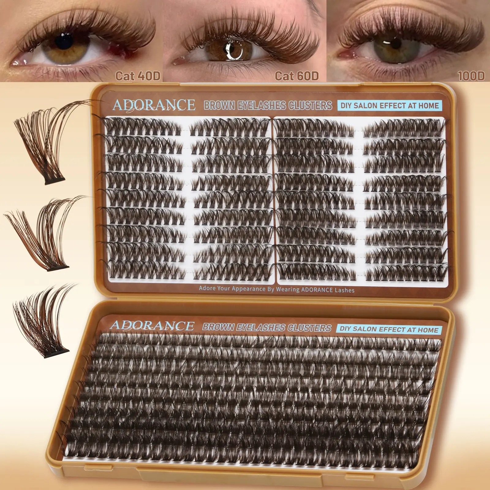 ADORANCE 648PCS Brown Lash Clusters, D Curl Cat Eye 3 Styles Mixed Wispy Fluffy Eyelash Extensions, Natural Soft Brown Cluster Lashes for Everyday Wear, DIY Lash Extensions, DIY False Eyelashes