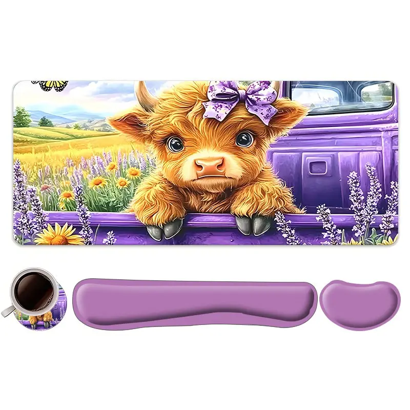 Cute Highland Cow Lavender Ergonomic Wrist Support Mouse Pad Set, Large Gaming Mouse Pad + Purple Keyboard Wrist Rest + Mouse Wrist Rest + Coaster, Ergonomic Non-Slip, Smooth Control for Aesthetic Workspace and Gaming Room Decor