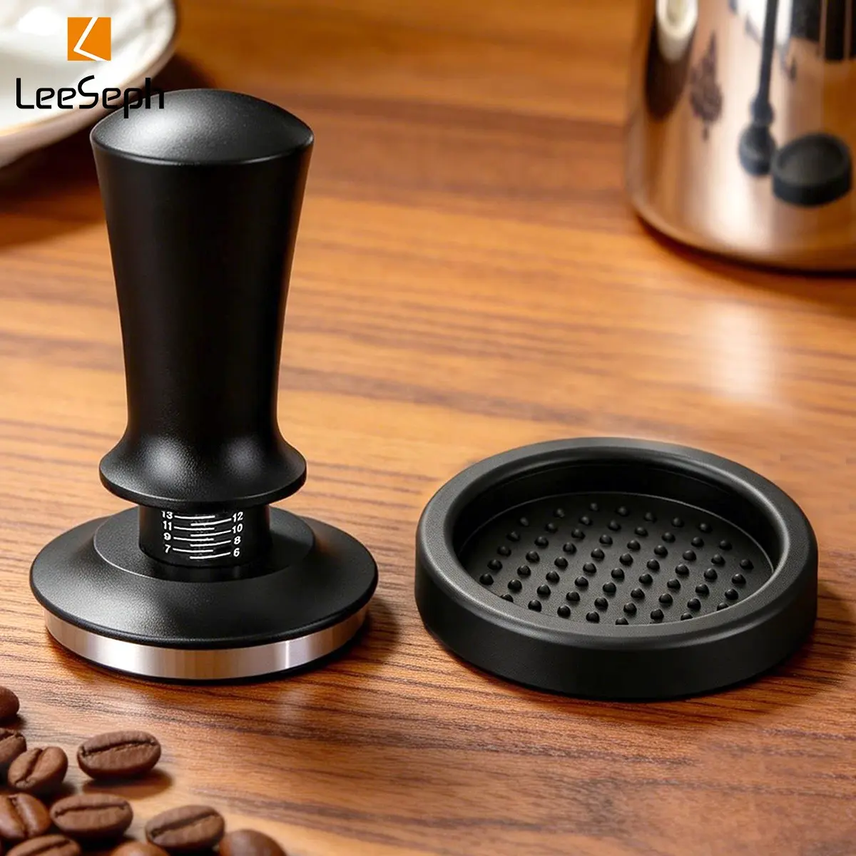 Espresso Tamper with Silicone Mat, Adjustable Depth 51mm/53mm/58mm, Numbered Scale, Stainless Steel Base, Barista Tool for Portafilters
