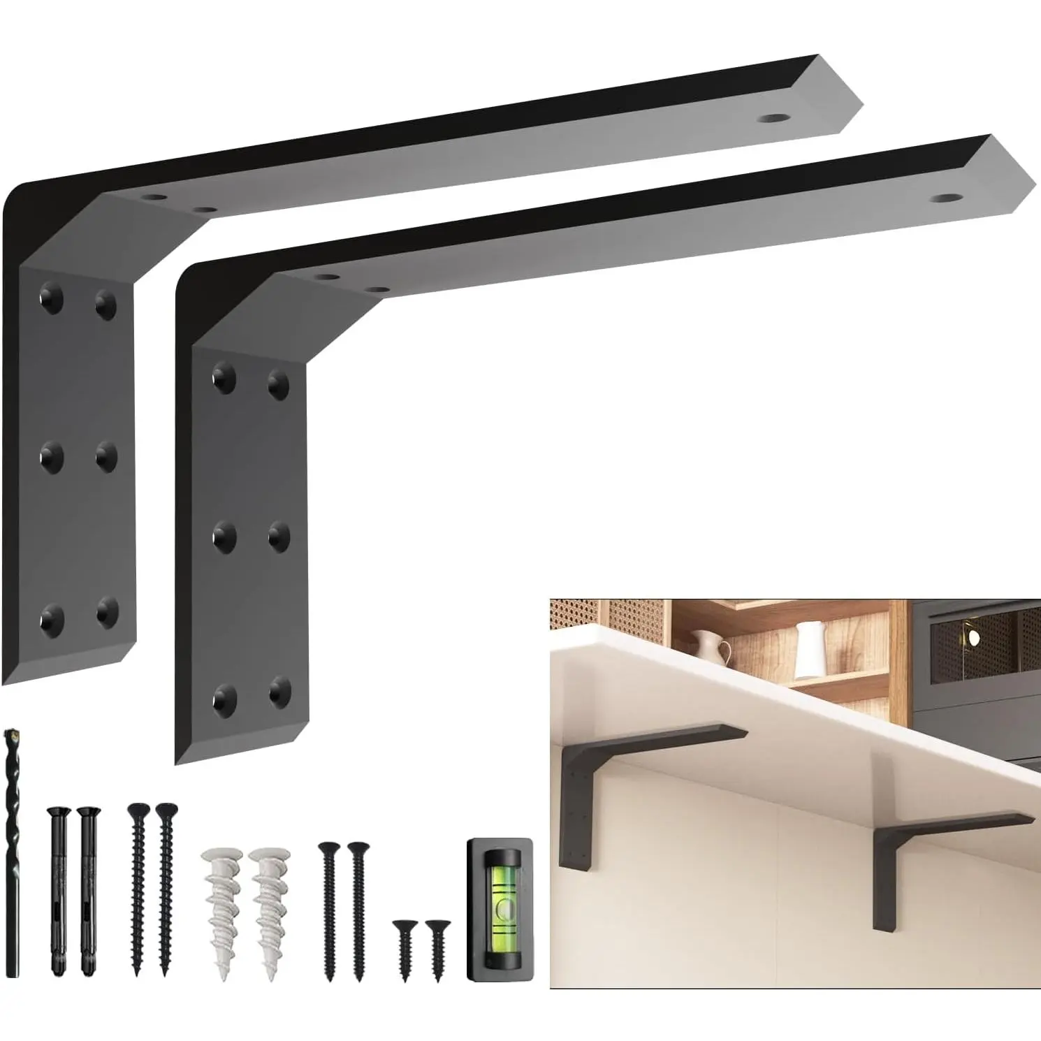 Countertop Brackets 20 - 24 Inch Heavy Duty L Bracket - 19.5"x2.5"x11" (5/16" Thick / 8mm) Black Mantel Brackets & Corbels for Granite &  Shelves - Floating Countertop Support Bracket (Set of 2)