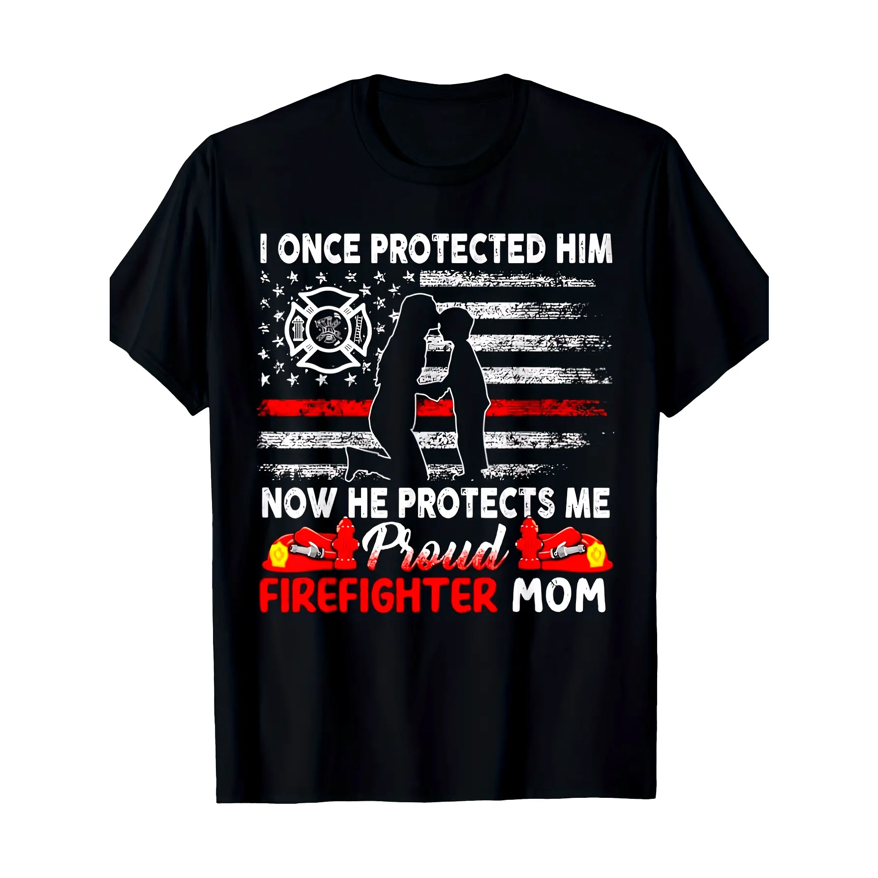 Women's & Men's Proud Firefighter Mom/Dad T-Shirt - Heavyweight 220gsm Cotton Fire Axes & American Flag Design - "I Once Protected Him Now He Protects Me" Slogan - Fire Dept Apparel Gift for Firefighter Parents (Black with Red/White