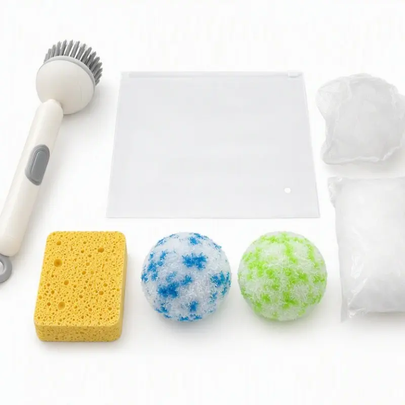 Kitchen Cleaning Tool Set, Long Handle Brush + Sponge + Abrasive Balls + Sink Strainer, Streak-Free Degreasing, Suitable for Pots, Bowls, Countertops