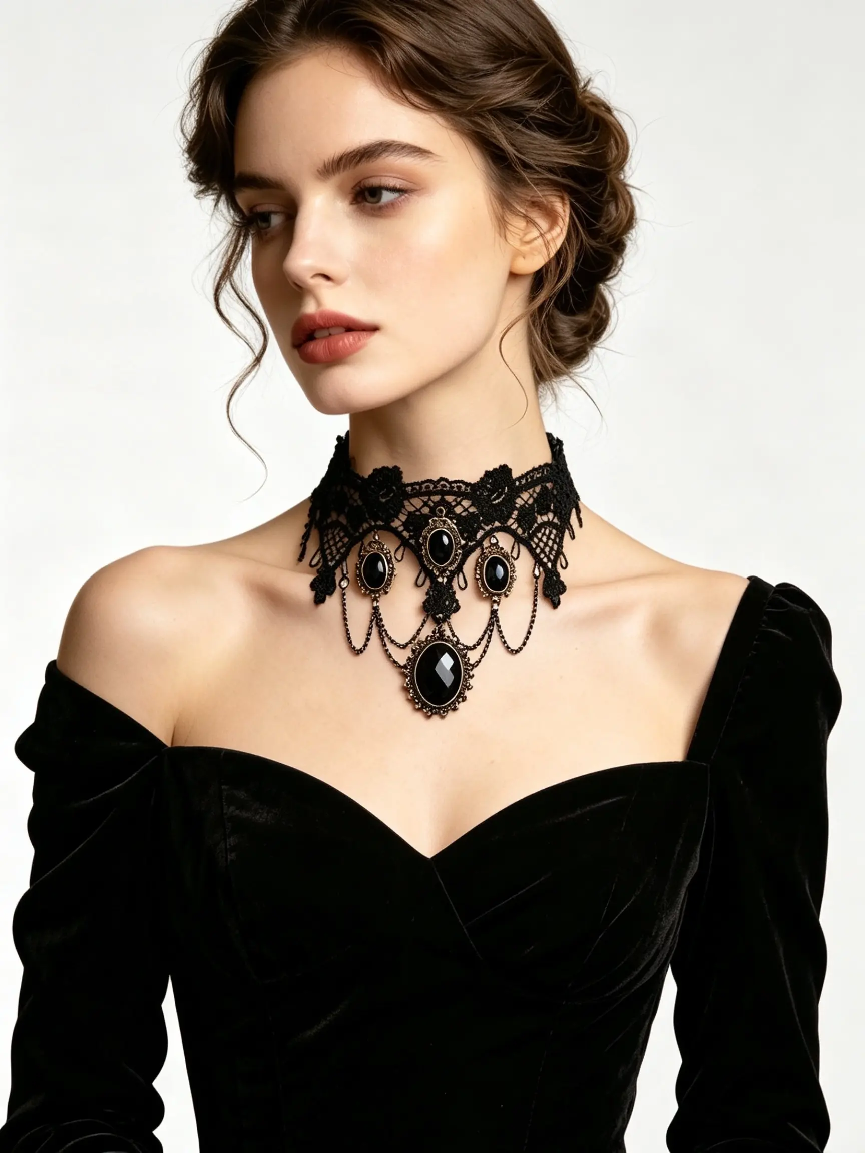 Gothic Halloween Dark Princess Lace Choker Necklace, Unique Chain Print Party Accessory, Cosplay Jewelry for All Seasons
