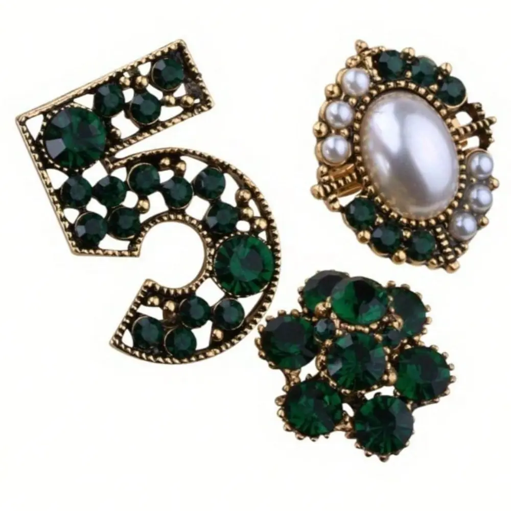 3 Pack Vintage Emerald Green Brooch Set Antique Gold Number 5 Floral Pearl Rhinestone Retro Lapel Pins