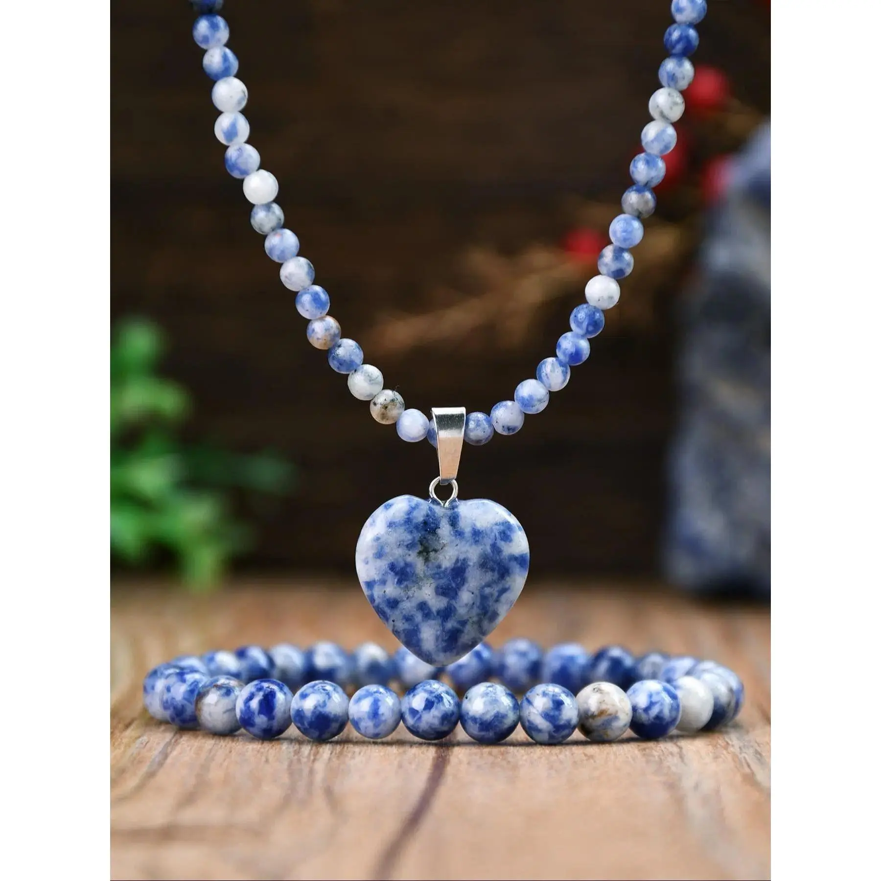 Vintage Natural Sodalite Stone Jewelry Set - Heart Charm Beaded Necklace & Bracelet, Blue Crystal Gemstone Accessory & Holiday Gift for Women