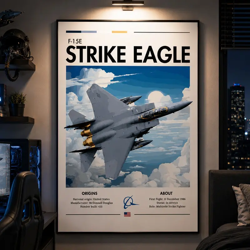 F-15E Strike Eagle Aviation Wall Art, Fighter Jet Poster, Military Aircraft Print, White Cliffs Aviation Artwork, Air Force Wall Decor, Pilot Gift, Aviation Enthusiast Decor, Man Cave Wall Art, Office Living Room Decor, Vintage Military Aircraft Poster
