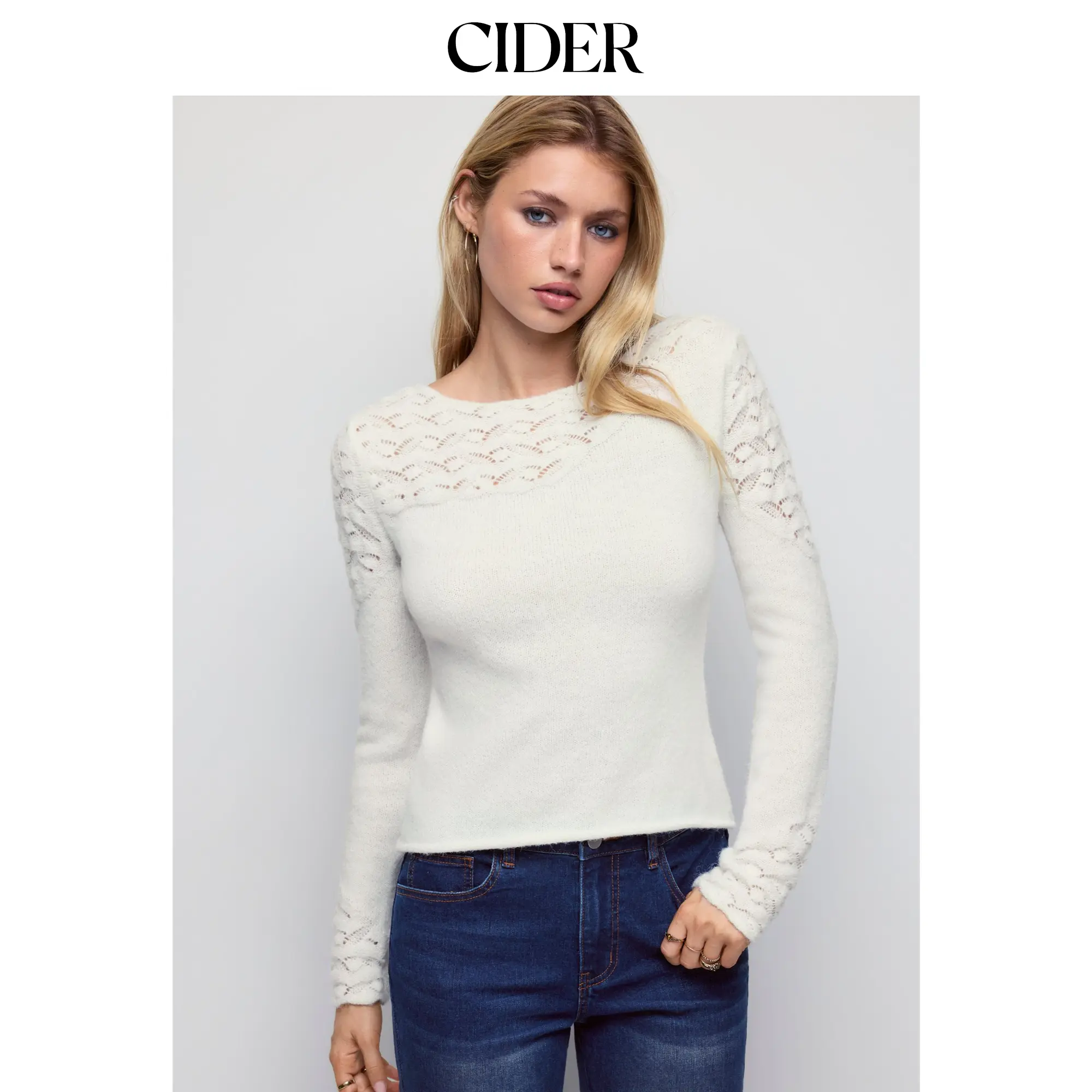Cider Knit Wool-blend Pointelle Hollow Out Long Sleeve Sweater