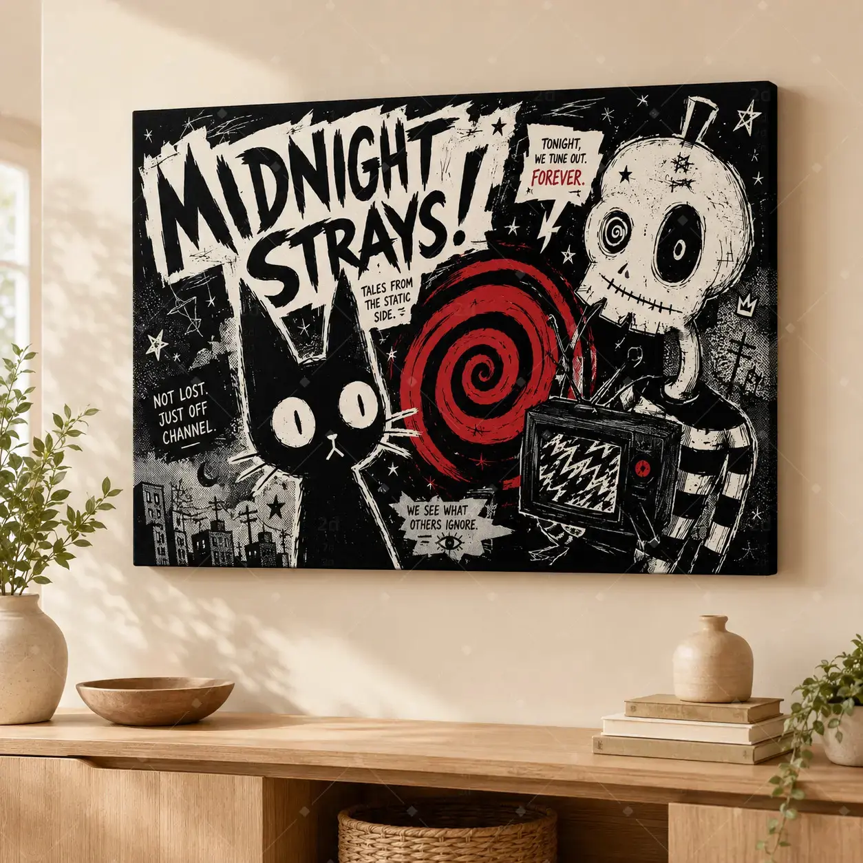 Spooky Stray Cat Canvas Wall Art, Black White Red Gothic Cartoon Poster Print, Quirky Halloween Decorative Poster for Living Room Bedroom Game Room Dorm, Unframed Poster or Framed Canvas Wrap