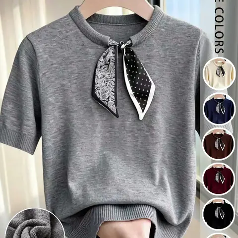 Short Sleeve Knit Sweater with Attached Scarf, Casual Commuter Style Knitwear, Spring & Fall Inner Layer Wear, Womenswear