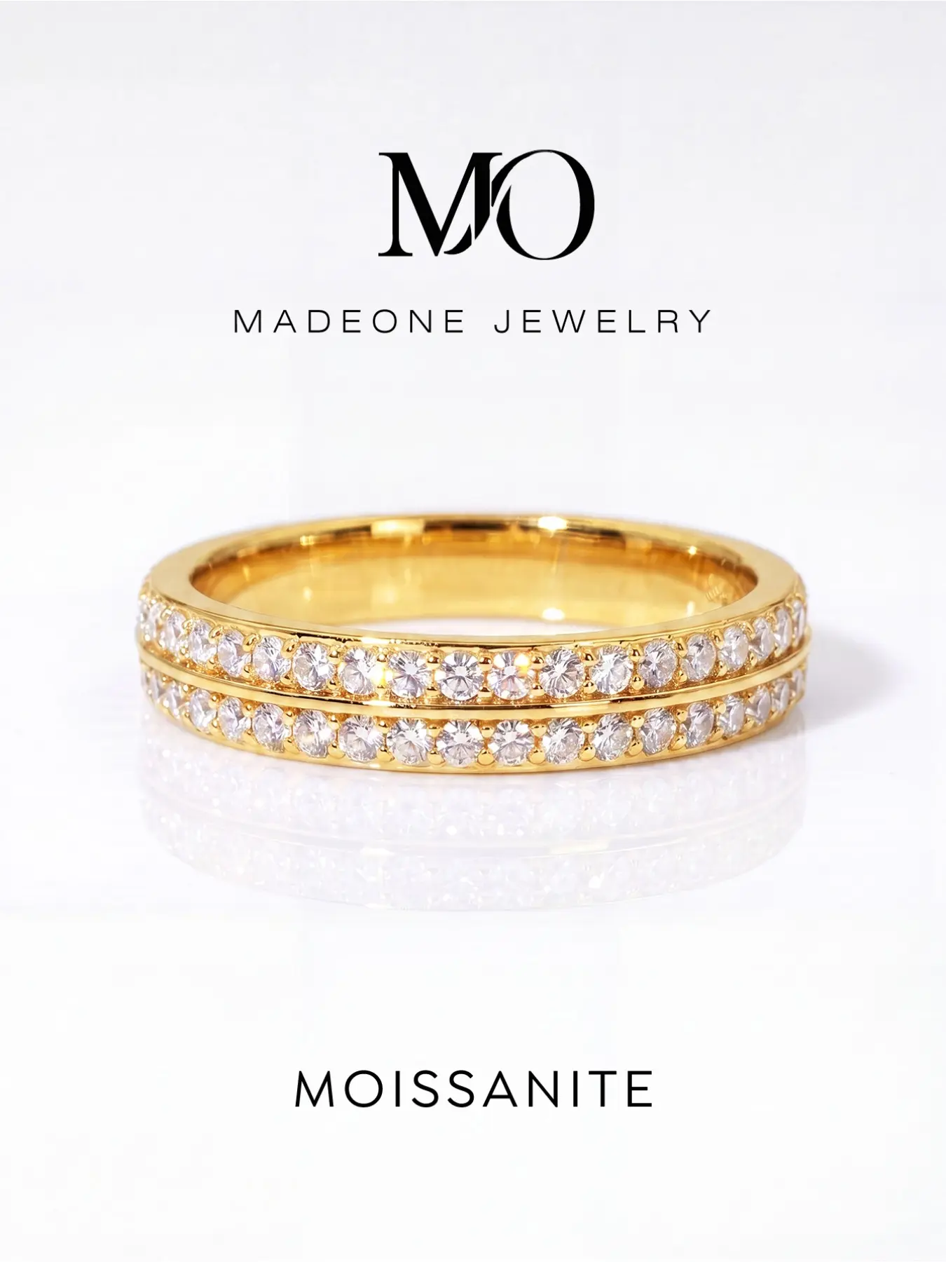 Double‑Row Full Paved Moissanite Copper Band Ring for Women, Stackable Eternity Wedding Band, Polished Smooth Inner Band, Sparkling Moissanite Jewelry, Available in Gold & Silver Tone, Ideal for Daily Wear, Wedding & Anniversary Occasions
