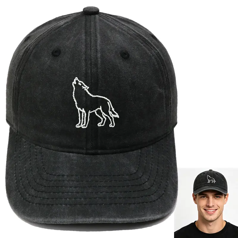 Gorpcore Minimalist Howling Wolf Outline Embroidered Baseball Cap Washed Cotton Dad Hat Lone Wolf Aesthetic Woodland Animal Adjustable Sun Hat Skate Streetwear Gift for Him Her