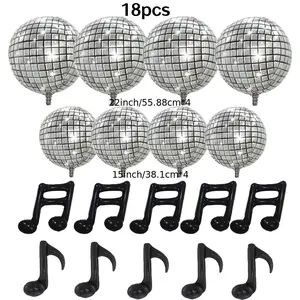 18 Pcs 22/15 Inch Silver Color Disco Foil Balloons Set, Music Note Balloons, Perfect for Birthday, 70s 80s 90s Themed Events, Weddings, Carnivals, Party Decoration, Balloon Decorations, Balloon Party Supplies