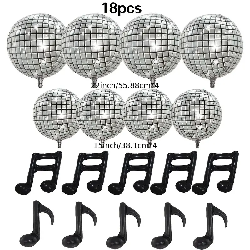 18 Pcs 22/15 Inch Silver Color Disco Foil Balloons Set, Music Note Balloons, Party Balloons, Perfect for 70s 80s 90s Themed Events, Weddings, Carnivals