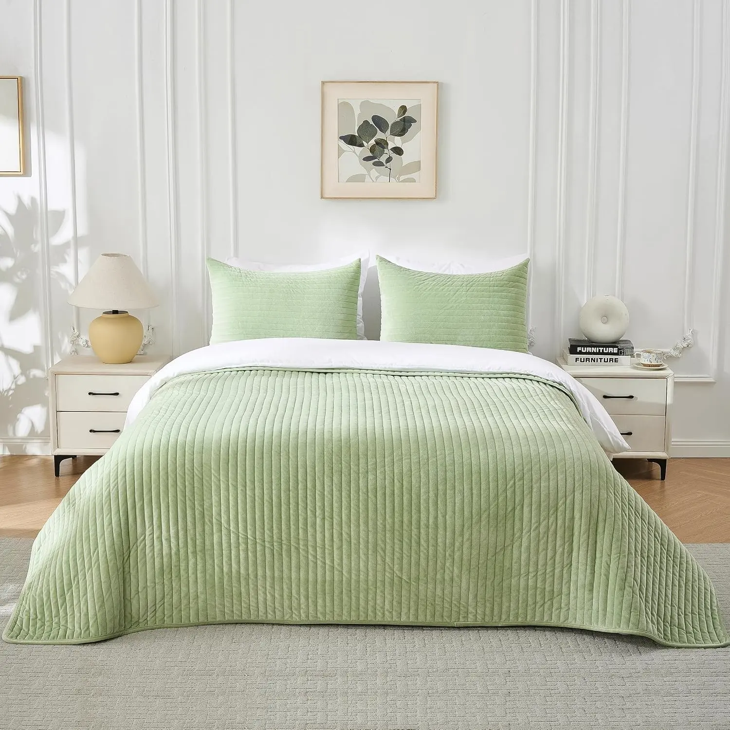 Ranunculus Velvet Quilt Set Queen Size, 2 Pillow Shams, Quilted Bedding Set | Lightweight, Bed Cover, Luxury Bedspread, Quilted Coverlet Blanket, All Seasons, Sage Green Queen Quilt 90x90 in