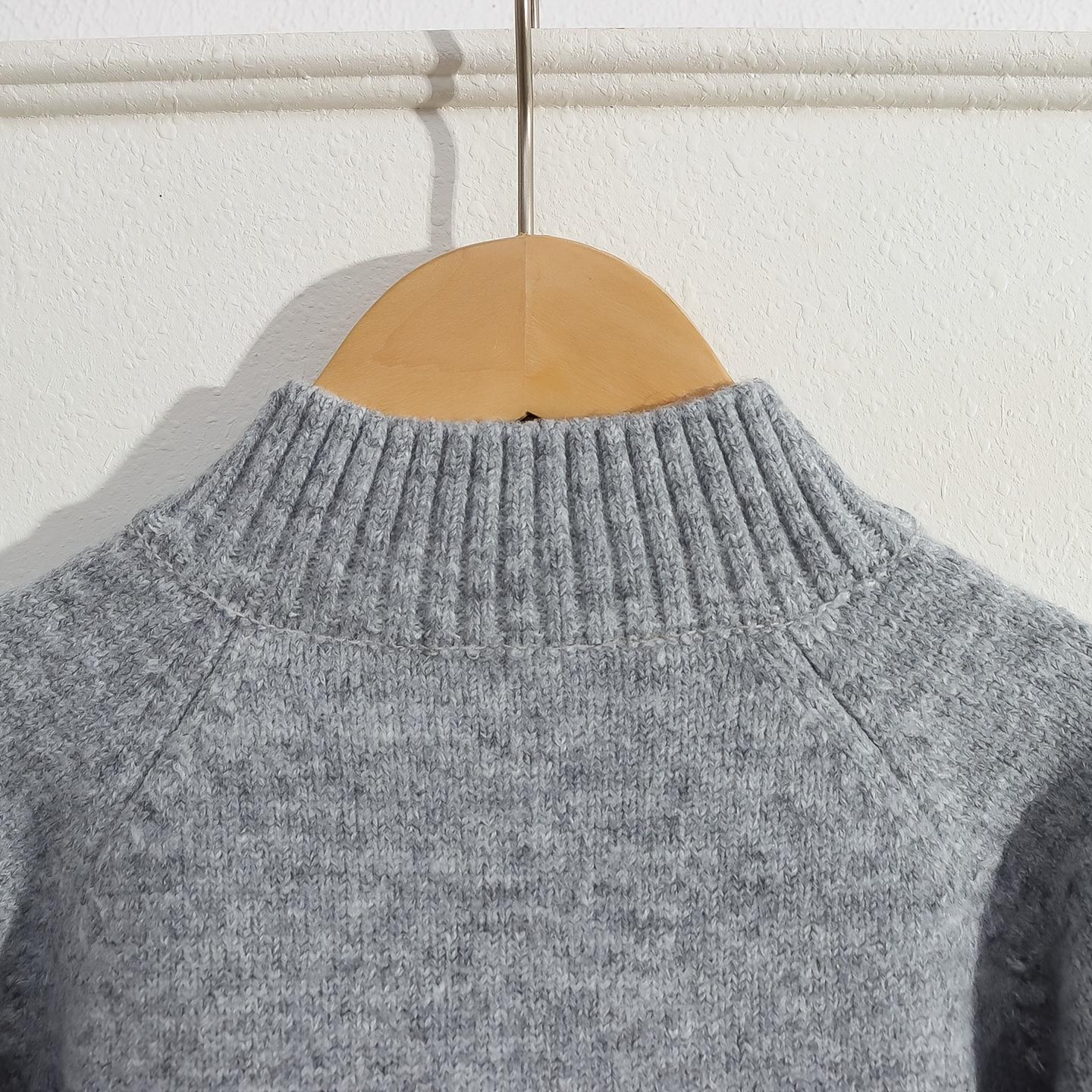 Girls' Cozy Knit Sweater - Long Sleeve Crew Neck, Geometric Pattern, Button Detail, Casual Pullover for Fall/Winter, Light Gray, Perfect for Casual Attire, Sweater Dress for Girls(Gift)11