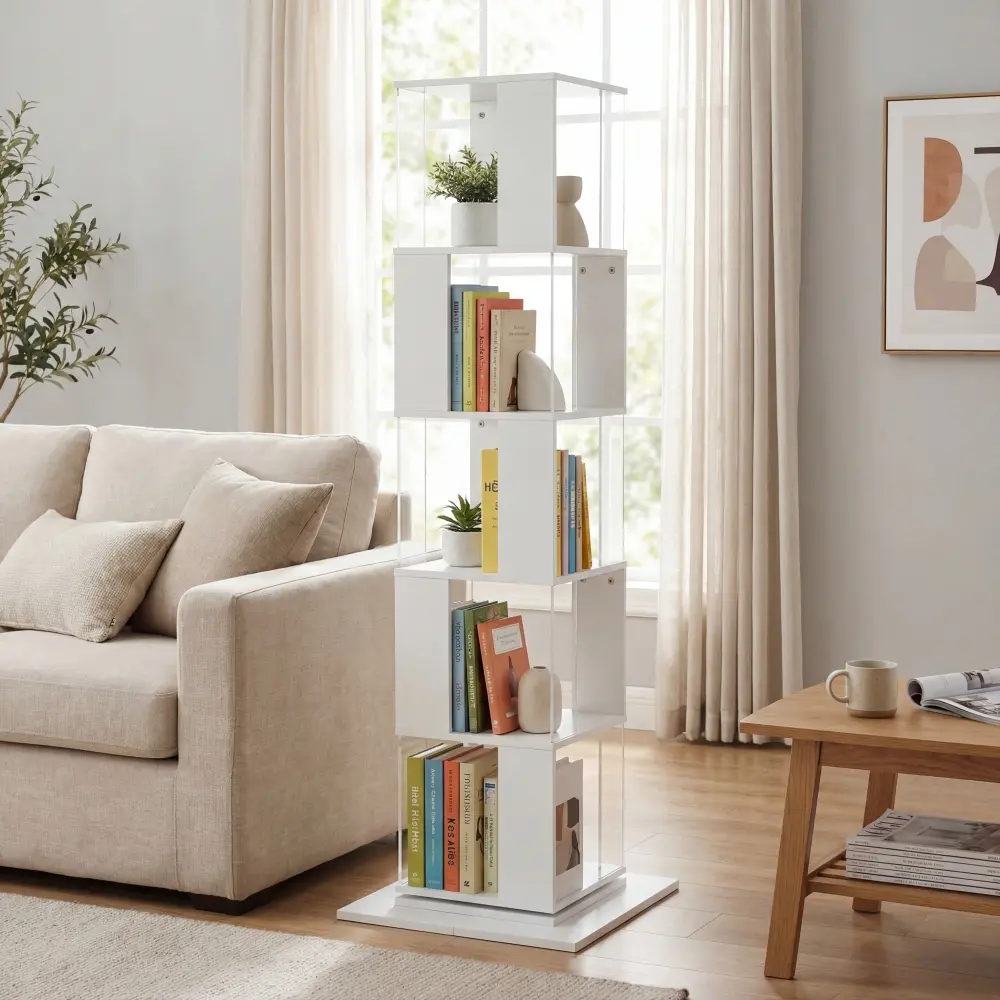 Littleox 360° Rotating Bookshelf with Acrylic Plate, 5-Tier Tall, Floor Rack Simple Bookcase, Modern Display Shelf for Living Room/Home Office/ Bedroom