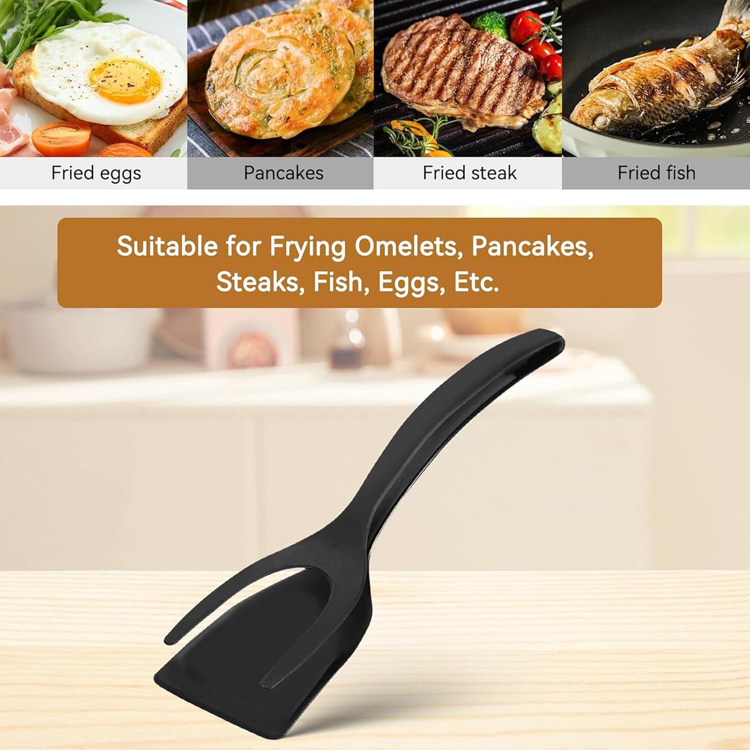 2-in-1 Silicone Shovel & Tweezers Tongs - Black Egg Flipper Pancake Steak Turner Omelet Maker Spatula Fish French Toast Tongs for Home Kitchen Cooking Tools Utensils