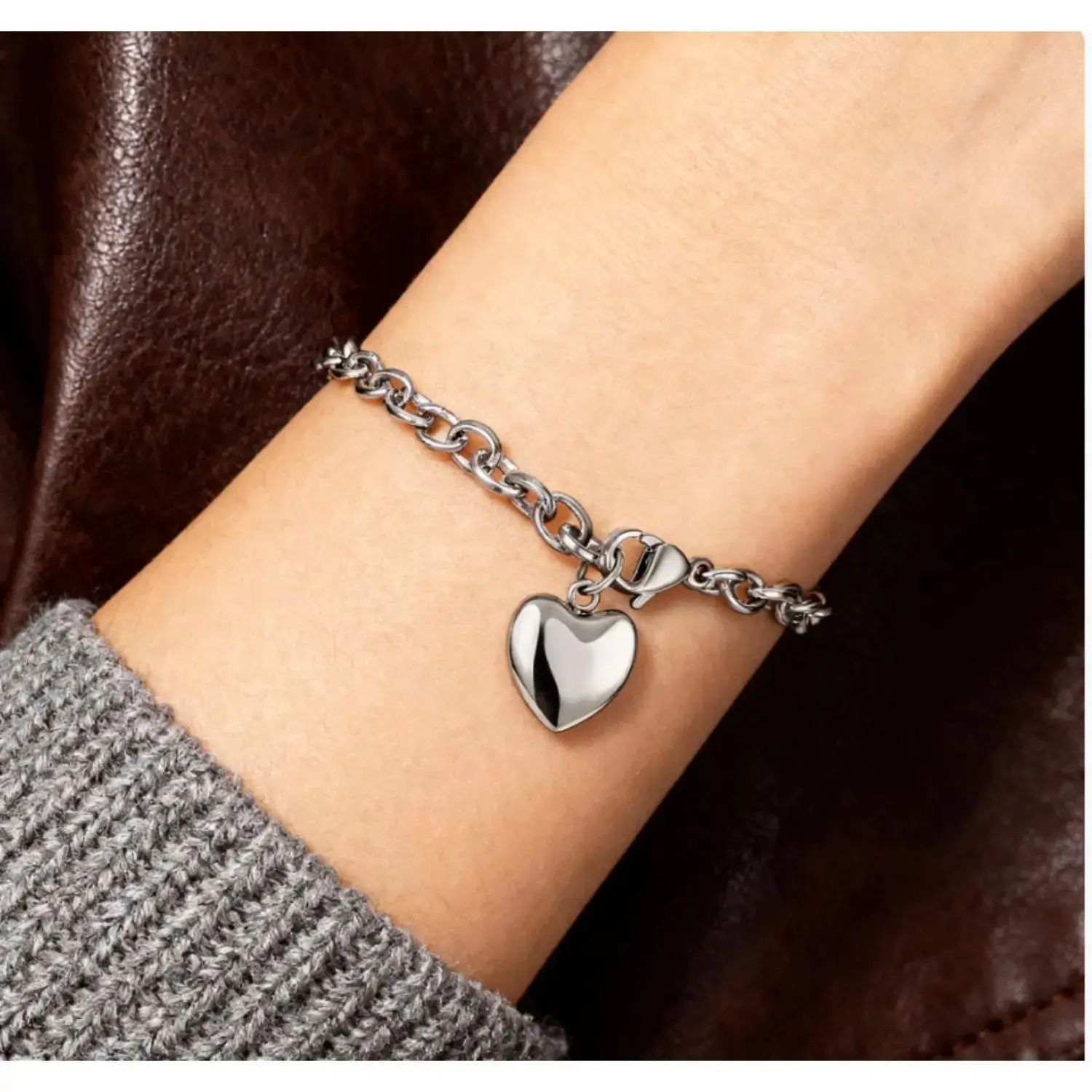 Women's Cute Heart Link Charm Bracelet, Stainless Steel Beads Bracelet with Rhinestone Accents, Daily Fashion Jewelry for Women, Birthday Gift, Cute Bracelet