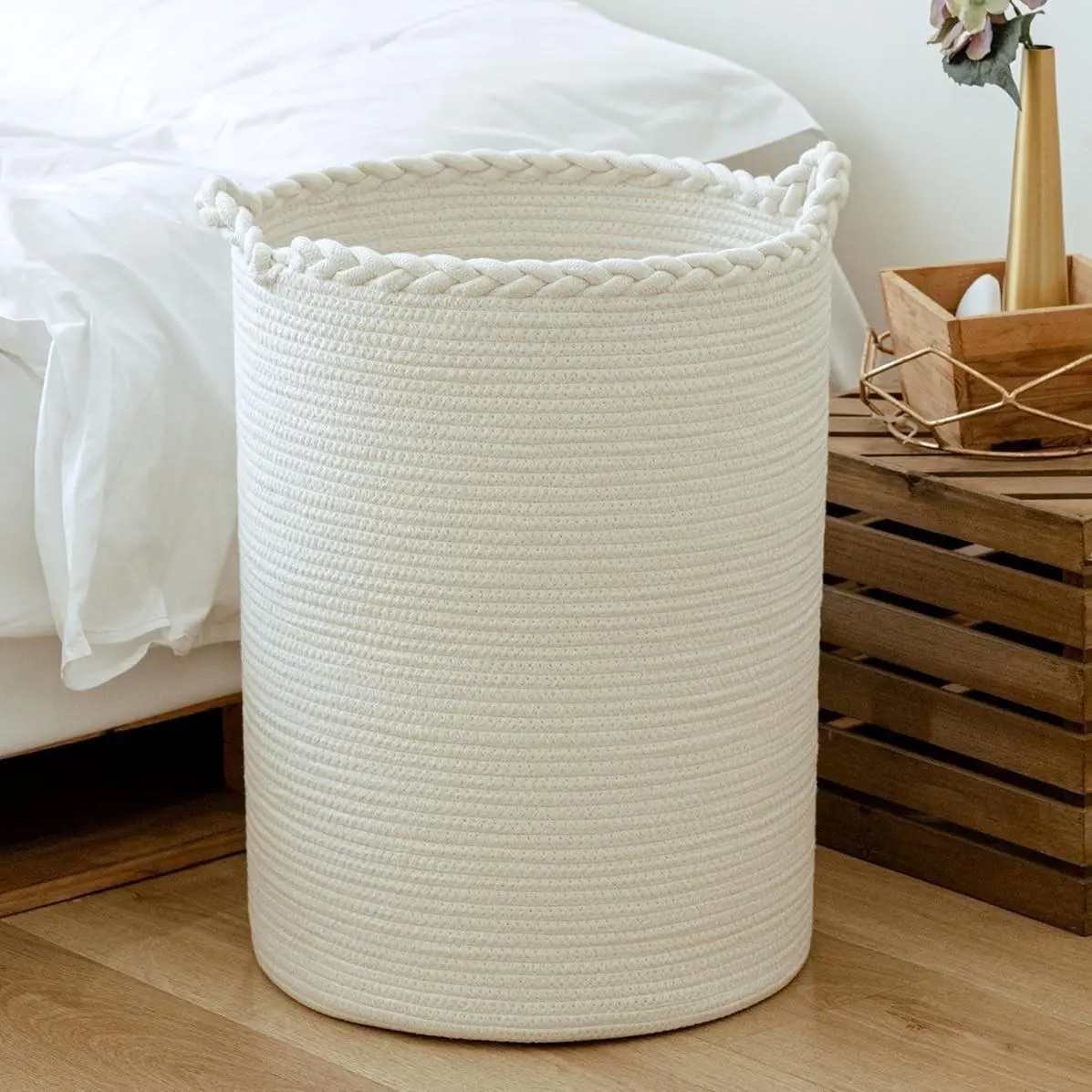 58L Woven Cotton Tall Laundry Hamper, Large White Laundry Basket Bin for Storing Clothes, Blankets, Pillows, Toys, Shoes