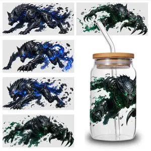 5 Sheets Mechanical Wolf UV DTF Stickers Self-Adhesive UV DTF Transfer Stickers - 5pcs for Glass Jars, Bottles, Cups - Permanent Decoration Suitable for DIY Crafts, Wine Bottles, Water Bottles, Tea Cups