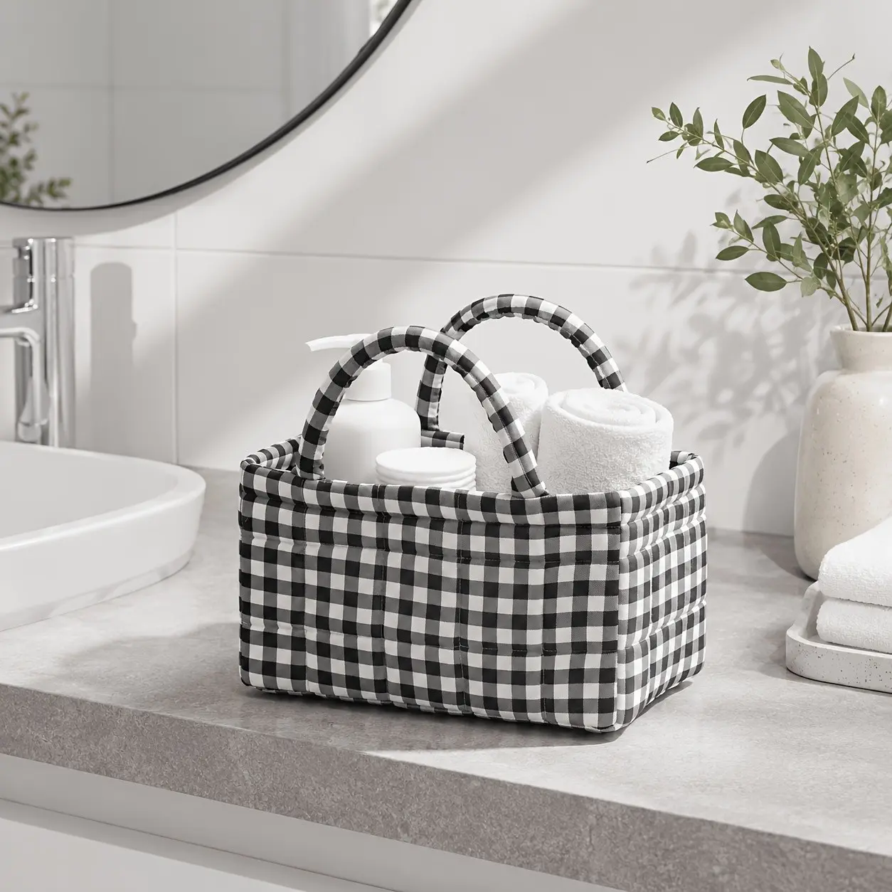 Plaid Quilted Storage Basket with Handles, Small Padded Fabric Organizer Bin, for Cosmetics, Skincare & Toiletries, Suitable for Vanity, Bathroom, Desk and Shelf, Christmas Gift, Autumn Winter Daily Essential, Great Gift Idea