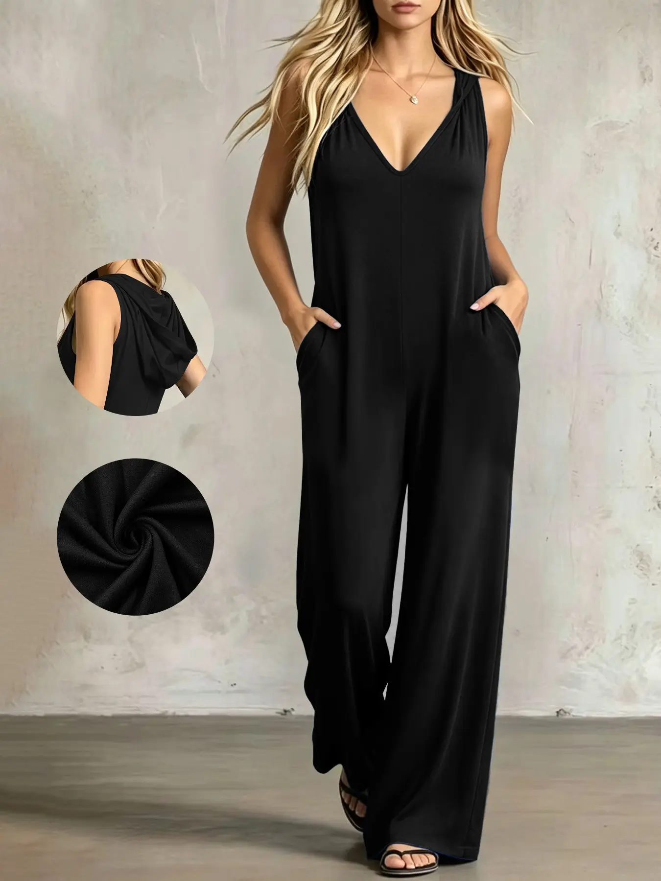Women's Sleeveless Deep V-Neck Jumpsuit, Wide-Leg Draped Style with Side Pockets, Loose-Fit Casual Lounge Jumpsuit, Comfortable and Stylish, Casual Comfy Jumpsuit