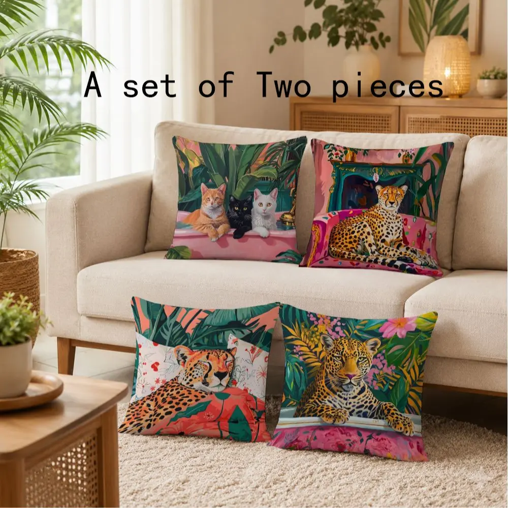 2Pcs of cheetah plant pillow cover Fauvism painting decoration cushion cover 40*40cm，45x45cm suitable for home decoration farmhouse sofa living room bedroom no pillow core