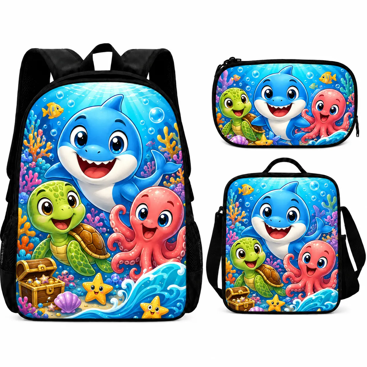 Kids Ocean Animal Backpack Set 3 Piece for Boys Girls, Cute Sea Life School Bookbag with Lunch Bag and Pencil Case, Dolphin Shark Whale Turtle Octopus Mermaid Print, Preschool Elementary Daycare Travel Bag, Toddler Backpack, Back to School Gift