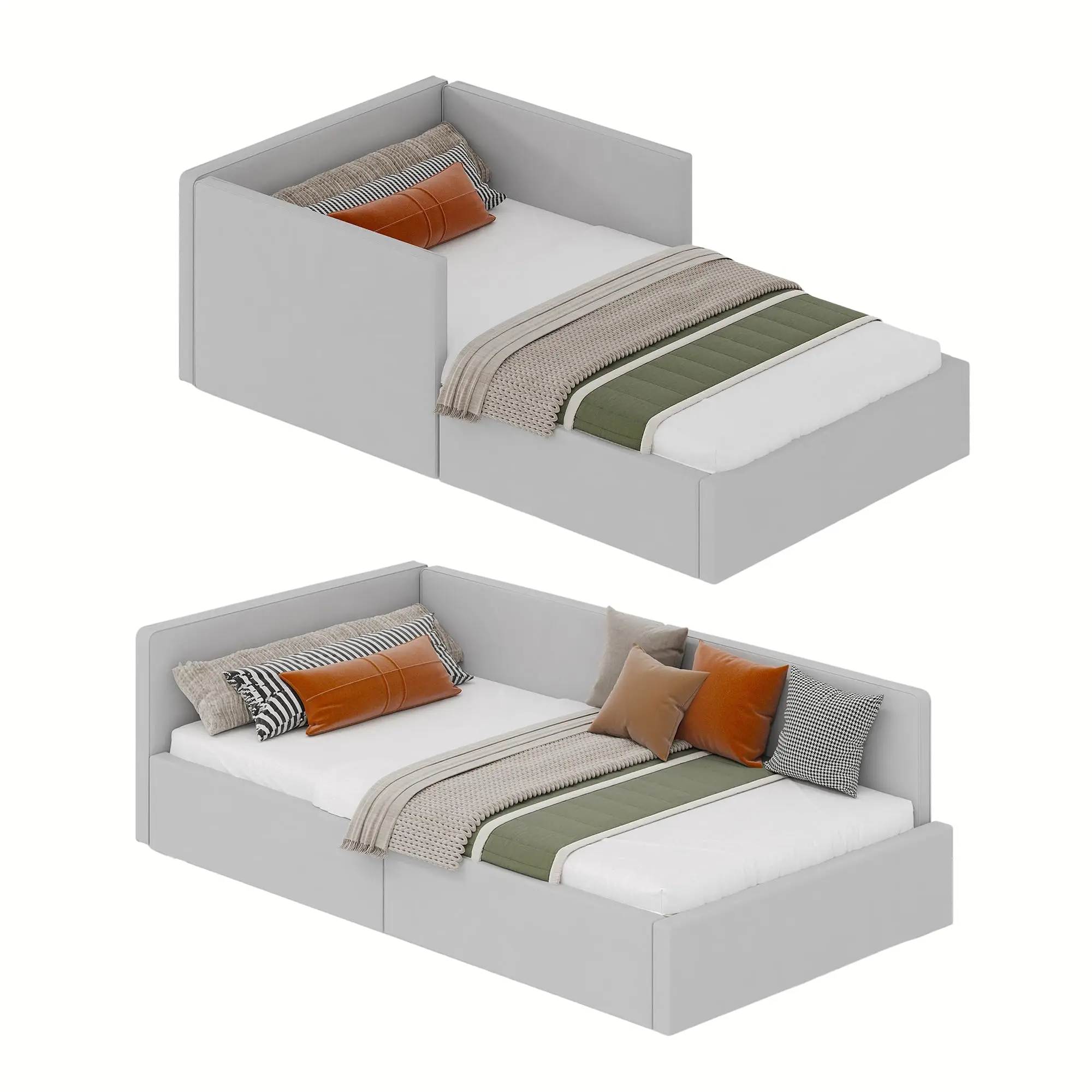 Garvee Twin Daybed with Headboard, Corner Bed Frame with Bed Rails, Velvet Upholstered Sofa Bed with Guardrail for Bedroom, Guest Room, Adjustable Installation, Wooden Slats Support, Light Grey