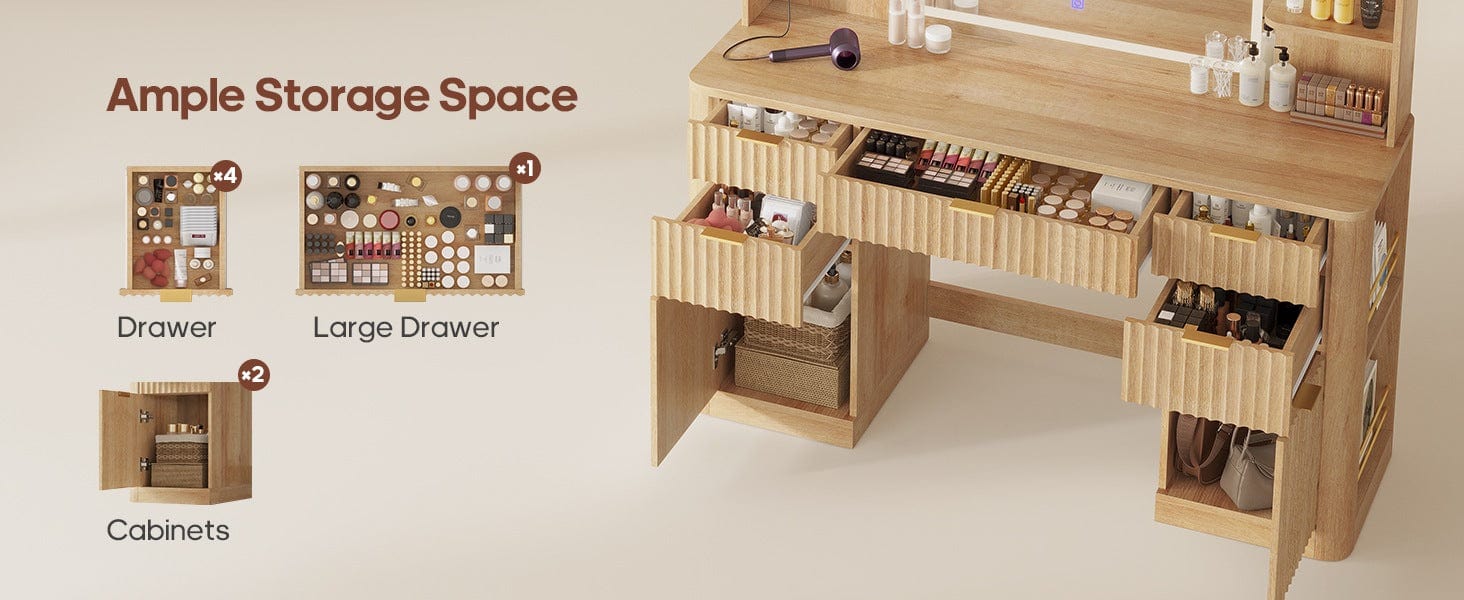 51.2 Inches Fluted Makeup Vanity with Mirror and Lights Oak