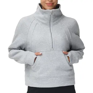 Womens' Half Zip Pullover Fleece Stand Collar Crop Sweatshirt with Pockets Thumb Hole