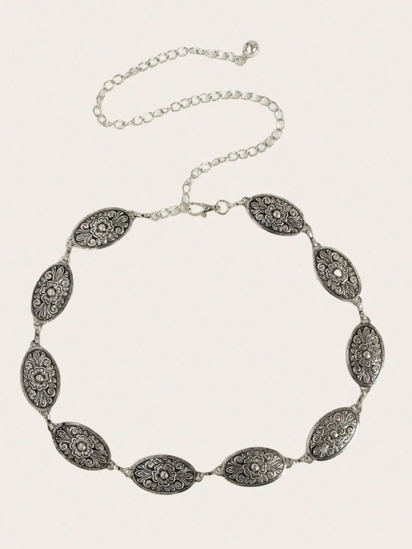 Vintage Silver Color Women's Waist Chain, Studded Oval Buckle, Metal Chain Decor, Elegant Belt for Parties, Weddings, Festivals