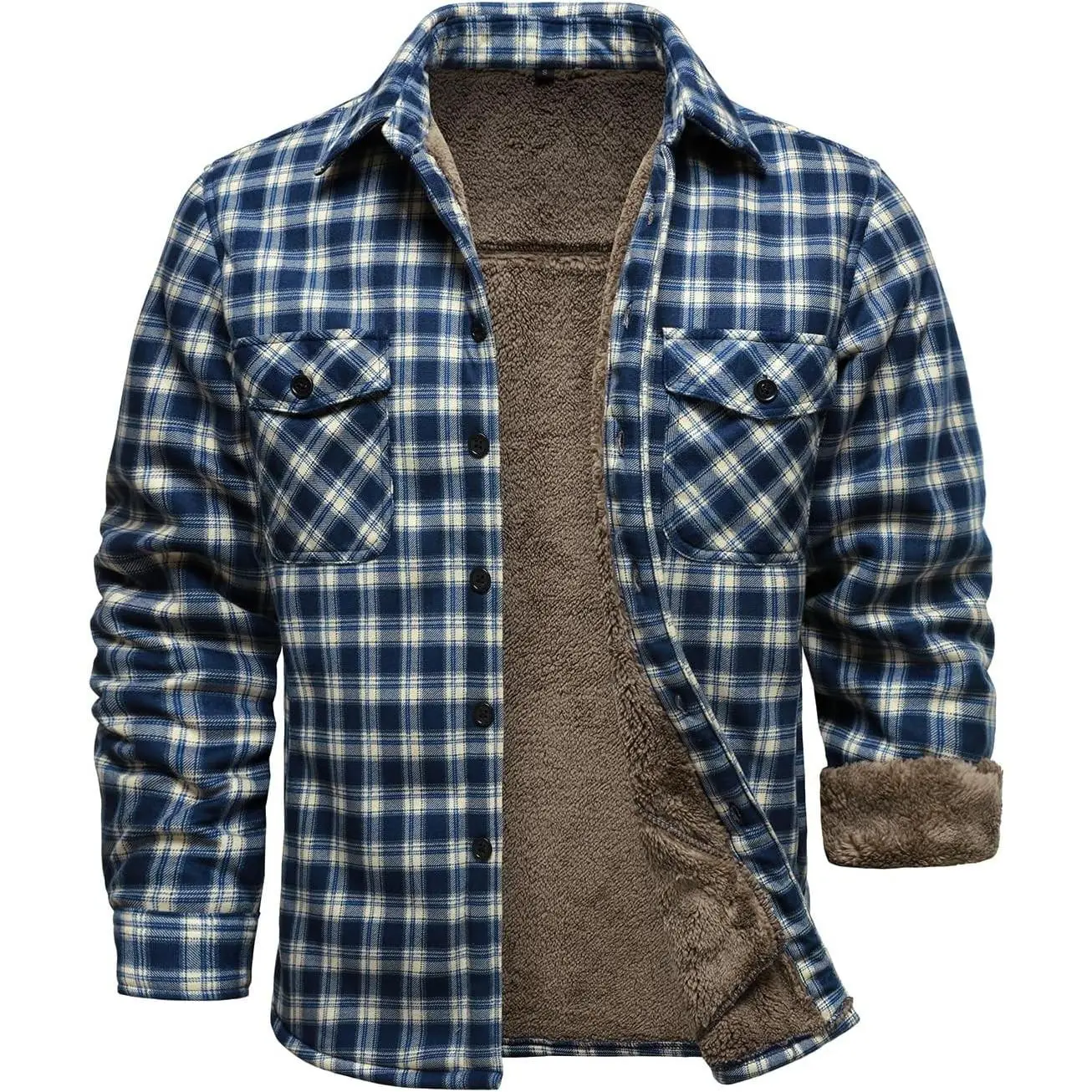 Mens Winter Warm Fleece Jackets Sherpa Lined Plaid Flannel Shirt Jacket with Side Pockets