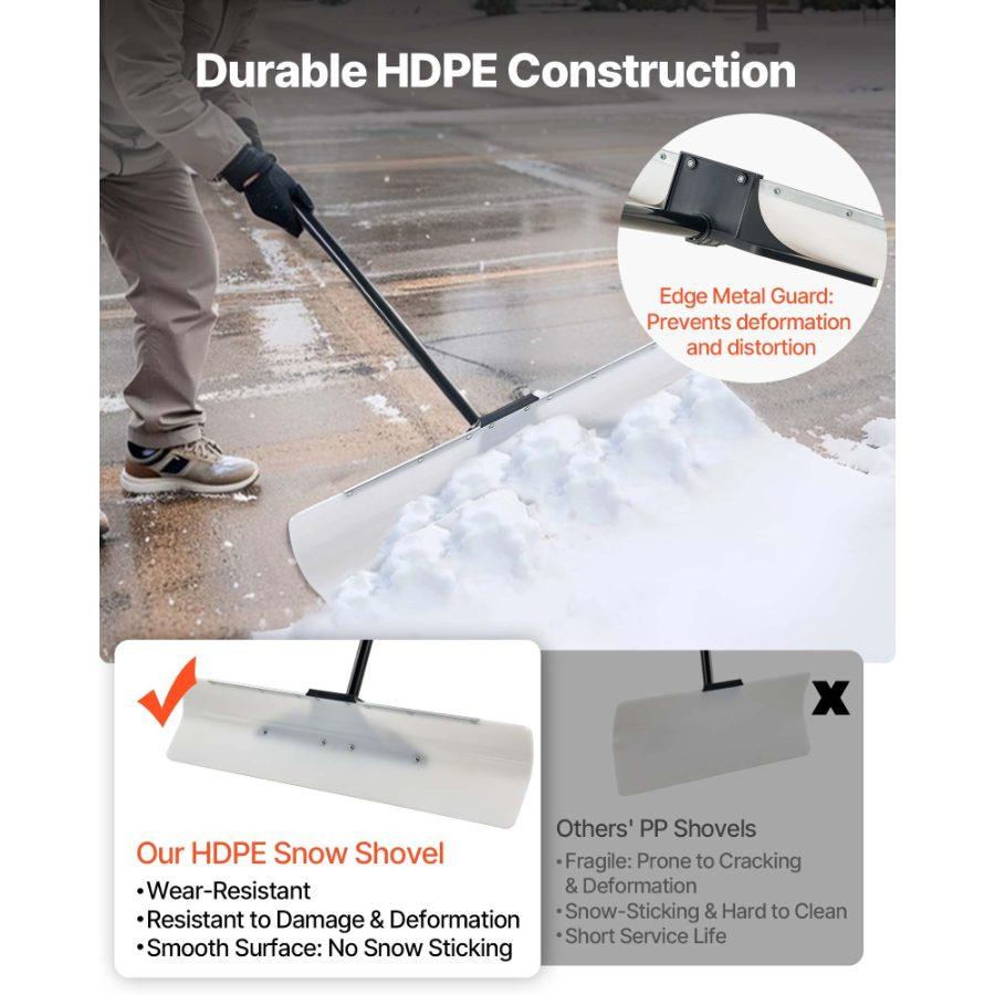 VEVOR Snow Pusher Shovel, 30 in Outdoor Snowplow Shovel with Ergonomic Grip, HDPE Plastic Blade, Winter Shovels with Segmented Handle, Metal Edged Strip, Portable Snow Removal Tool for Driveway Garden