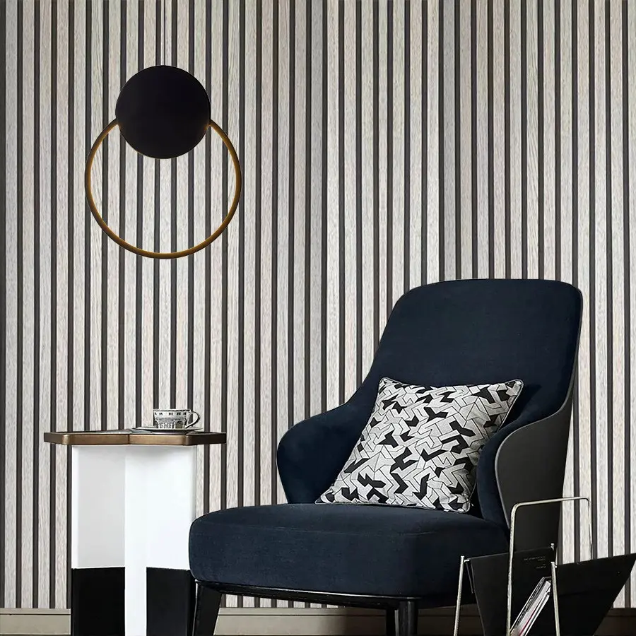 3 Meter Striped Wood Slat Self-Adhesive Wallpaper,Modern Grid Panel Peel & Stick Wall Sticker,Black White Faux Wood Grain Wall Covering,Waterproof Removable Accent Wall Mural,No Glue DIY Decor Sheet for Living Room Dining Room Bedroom Wall Papepr