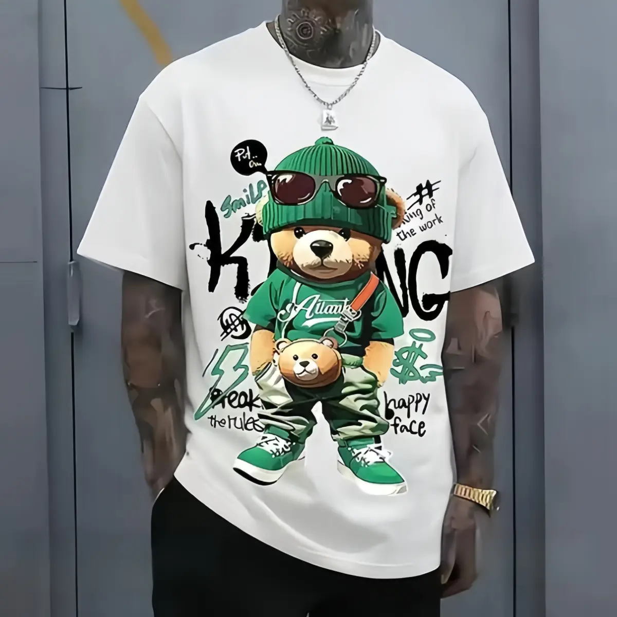 Fashion Hip Hop Bear With Sunglasses Graffiti Graphic Short Sleeve T-Shirt