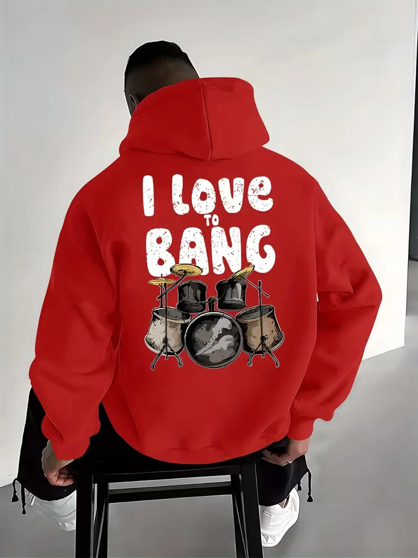 Men's versatile casual pullover hoodie with drum graphic print, suitable for home leisure and outdoor daily wear.