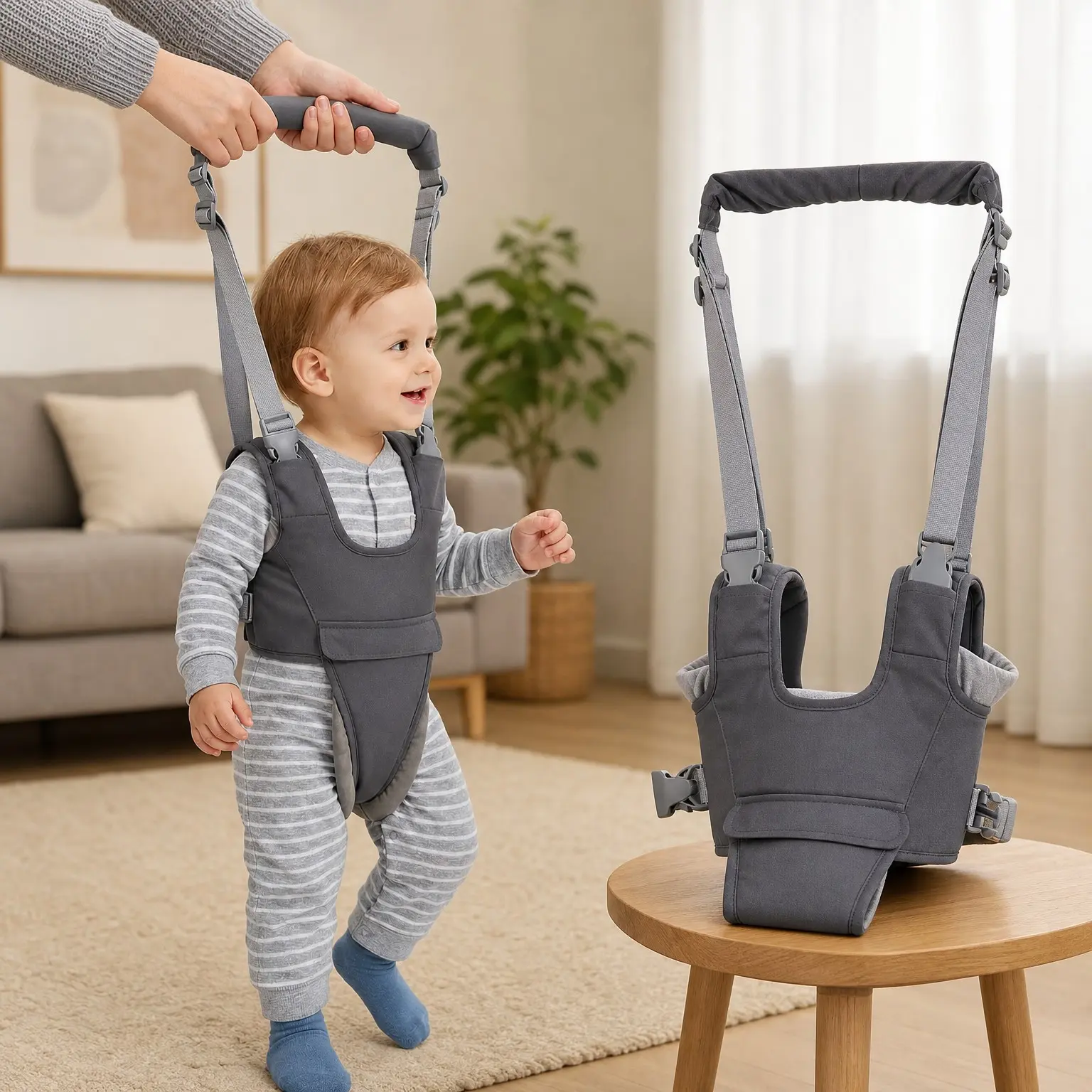 Baby Walking Harness for Toddlers 6-24 Months, 4-in-1 Walking Support Assistant Belt, Reduces Back Strain, Adjustable Straps, Breathable Soft Cotton Padding, Secure Fit (Grey)Gift